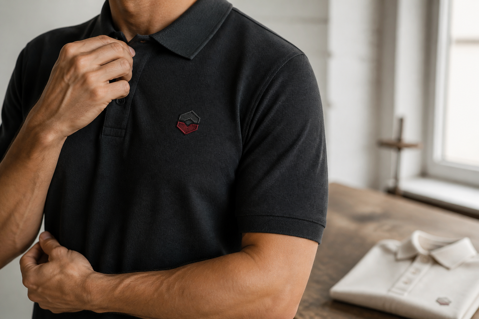 Close view of embroidered chest branding on a charcoal golf shirt
