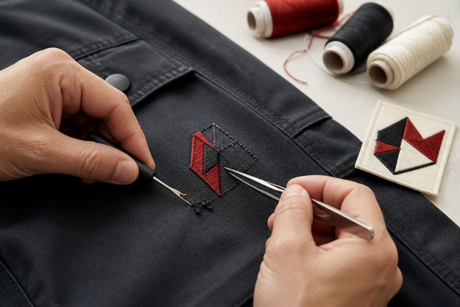Careful removal of old embroidery from a stable workwear garment