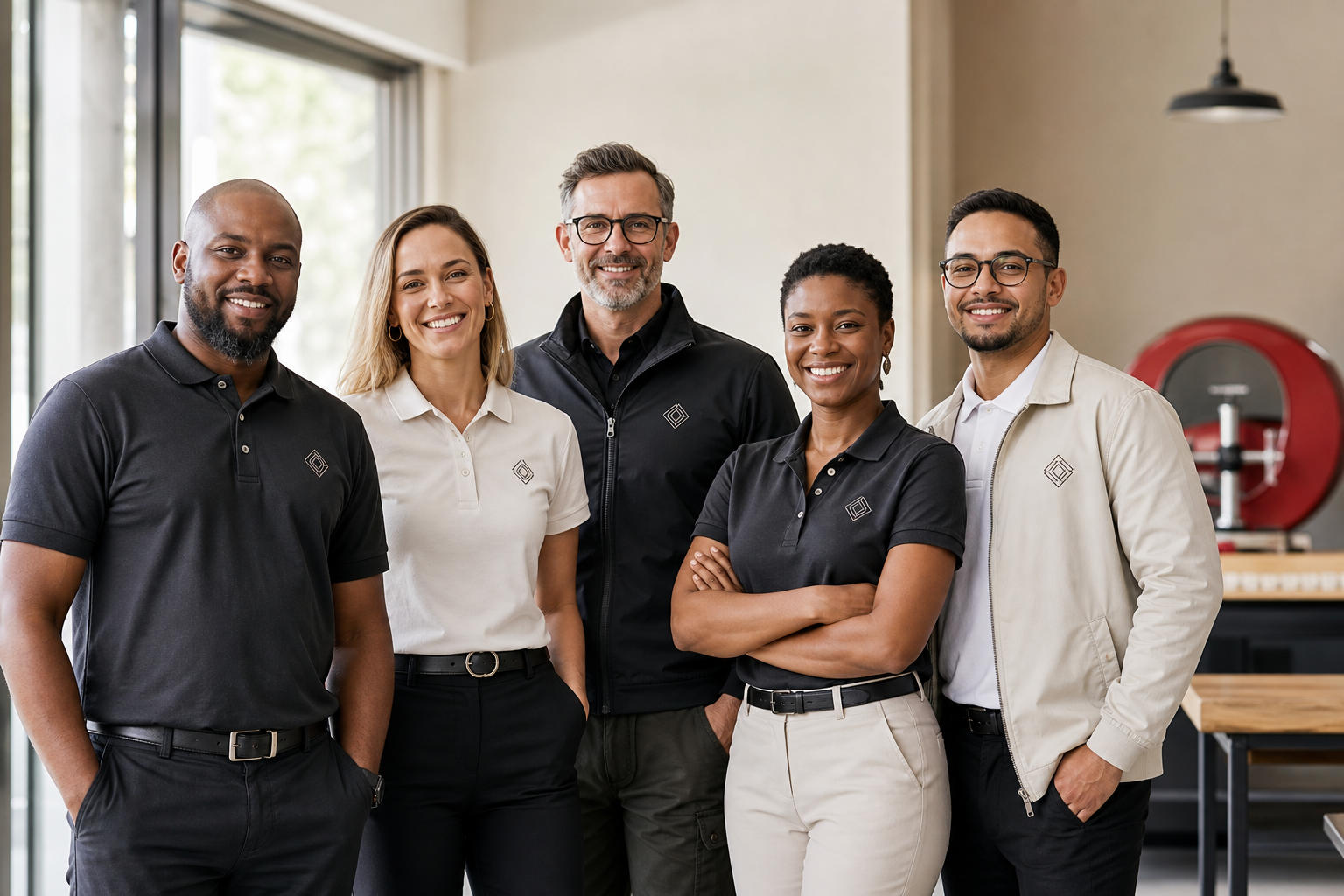 A diverse workplace team wearing coordinated embroidered uniforms